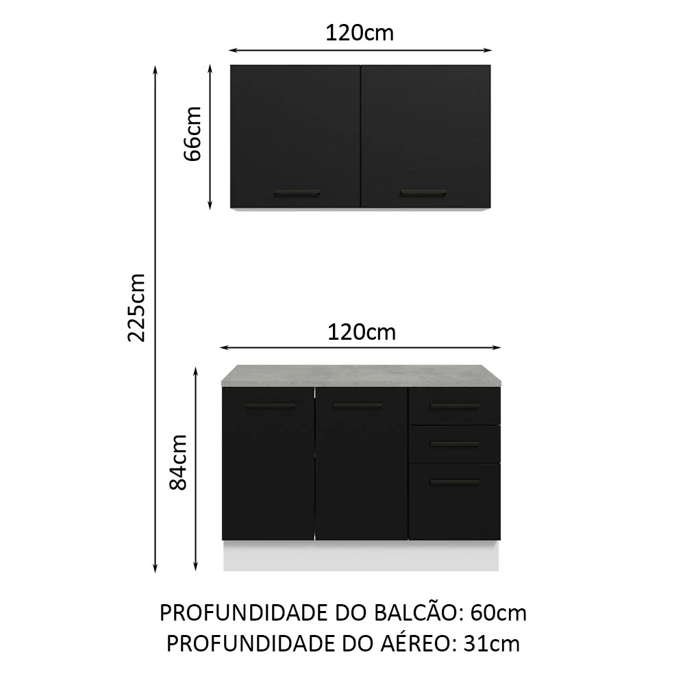 Kit com Balcão e Armário Aéreo Multiuso 120cm Branco/Preto Agata Madesa - Image 3