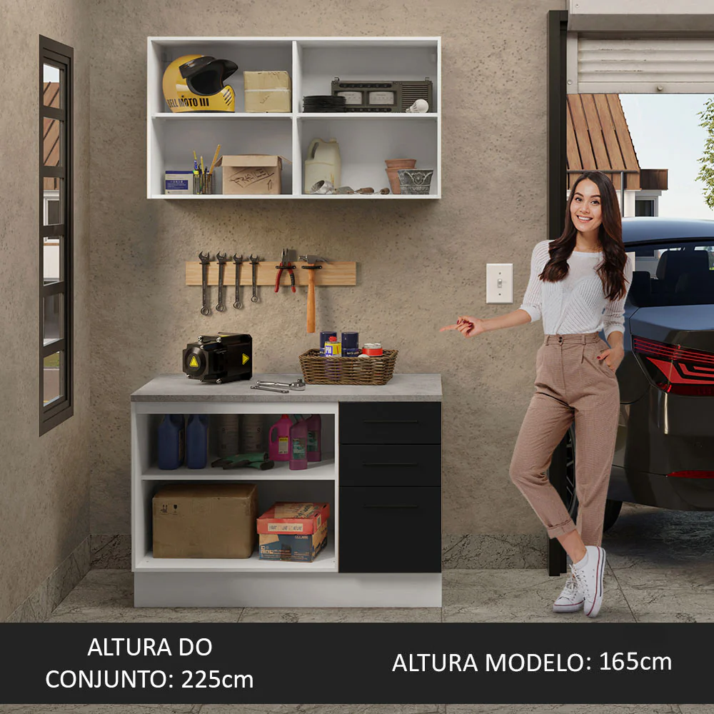 Kit com Balcão e Armário Aéreo Multiuso 120cm Branco/Preto Agata Madesa - Image 4