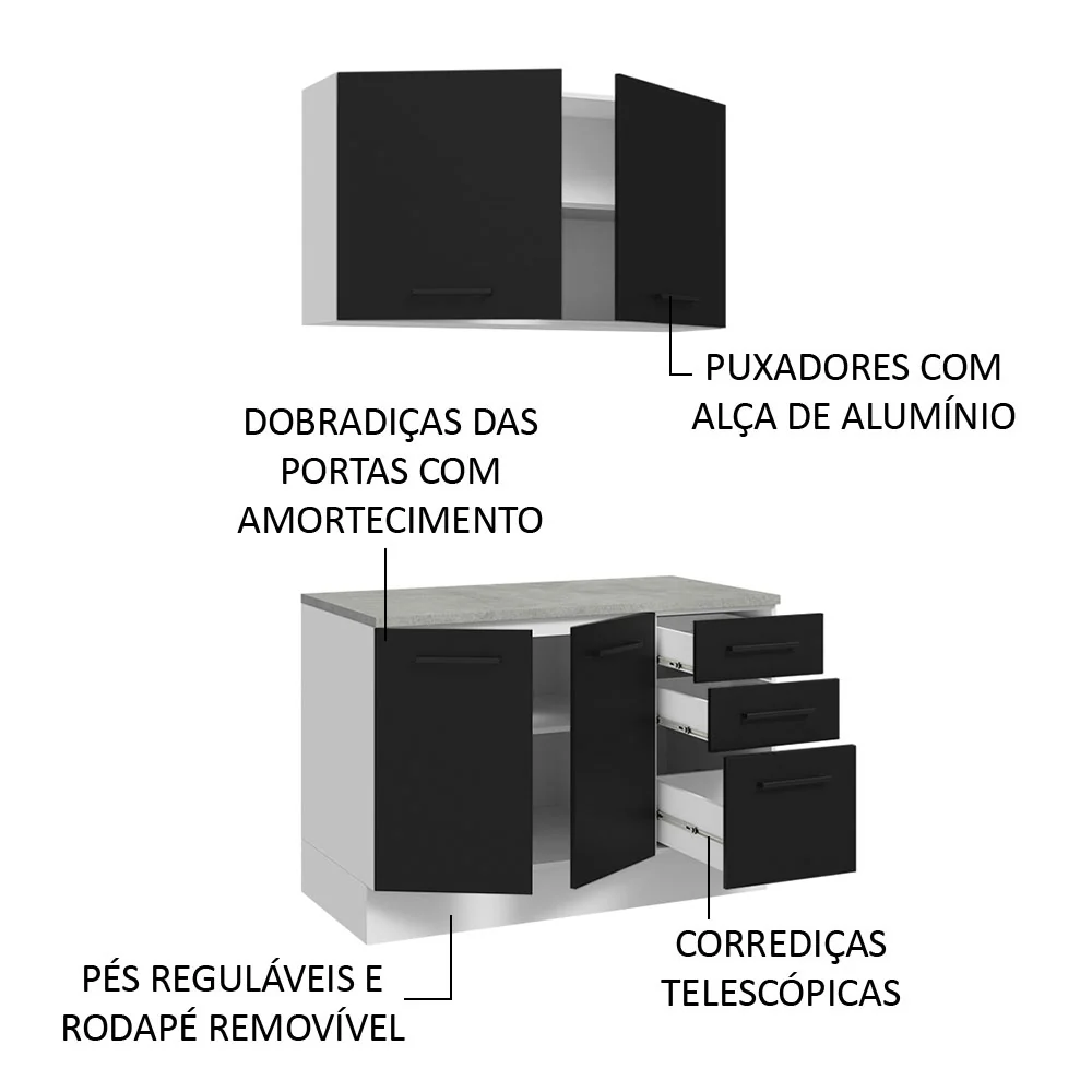 Kit com Balcão e Armário Aéreo Multiuso 120cm Branco/Preto Agata Madesa - Image 5