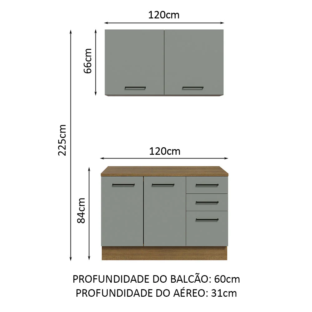 Kit com Balcão e Armário Aéreo Multiuso 120cm Rustic/Cinza Agata Madesa - Image 3