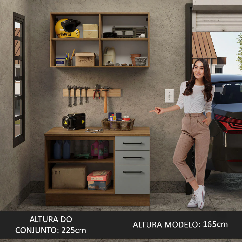 Kit com Balcão e Armário Aéreo Multiuso 120cm Rustic/Cinza Agata Madesa - Image 4