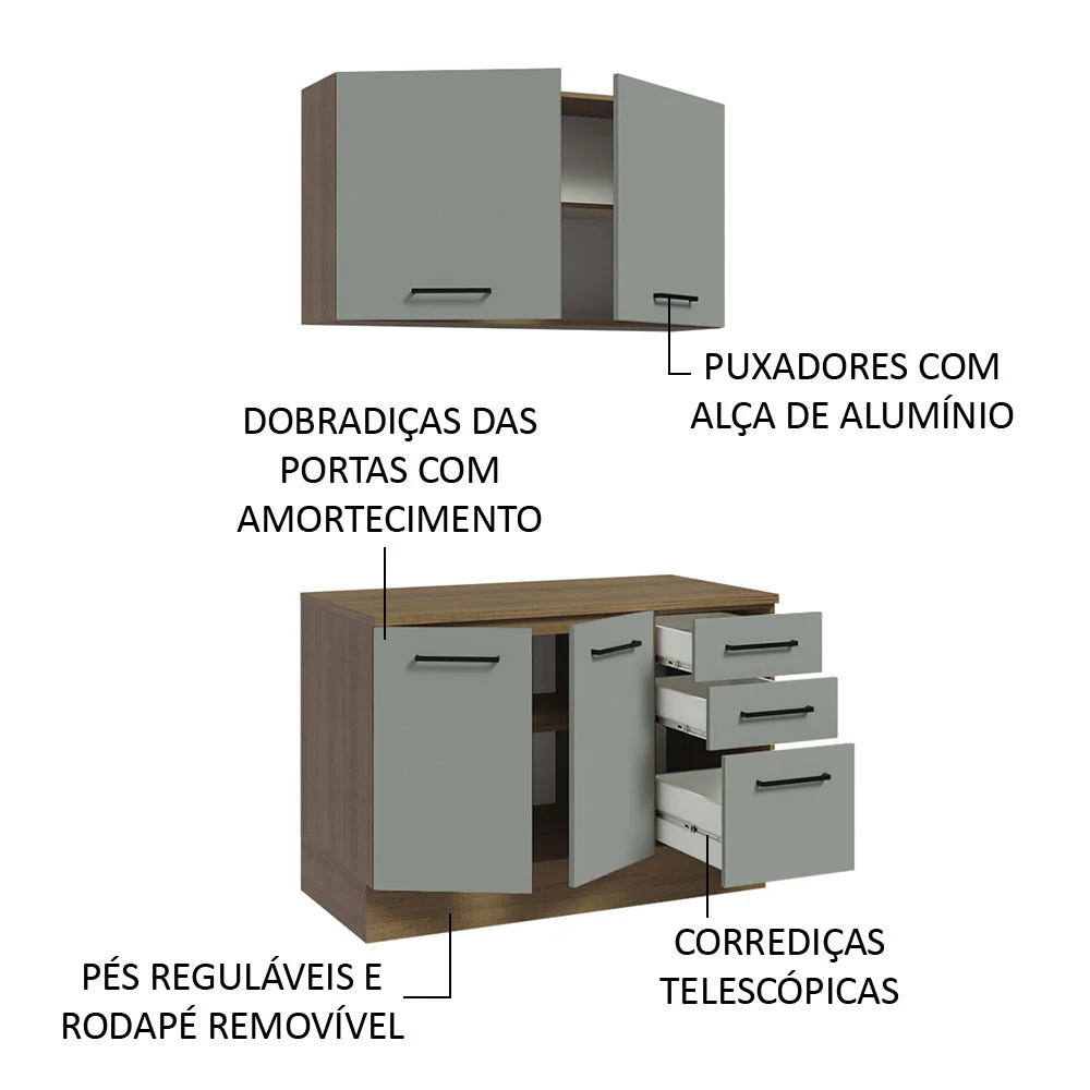 Kit com Balcão e Armário Aéreo Multiuso 120cm Rustic/Cinza Agata Madesa - Image 5