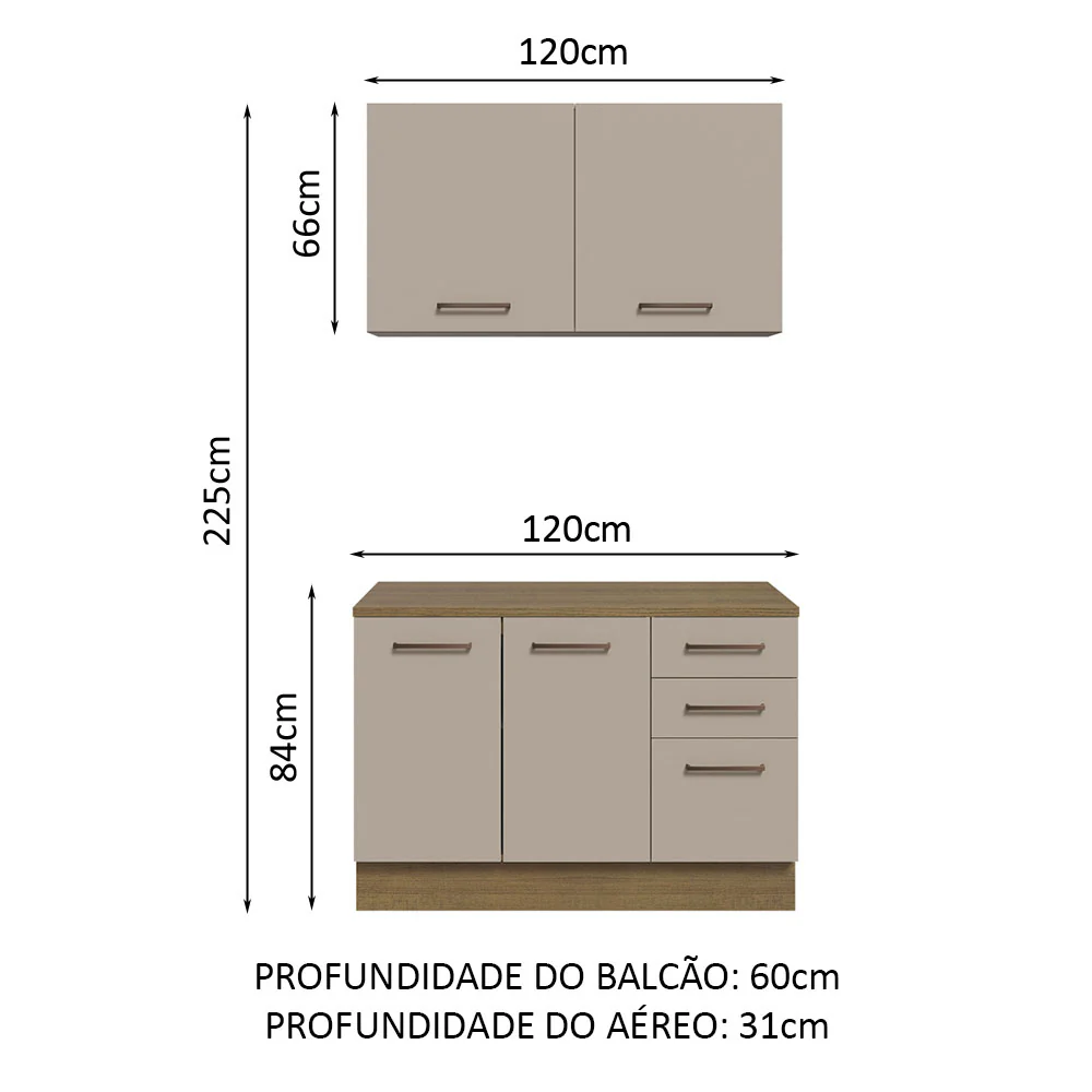 Kit com Balcão e Armário Aéreo Multiuso 120cm Rustic/Crema Agata Madesa - Image 3