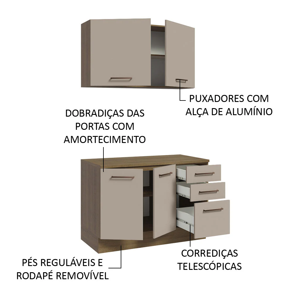 Kit com Balcão e Armário Aéreo Multiuso 120cm Rustic/Crema Agata Madesa - Image 5