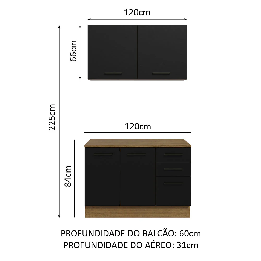 Kit com Balcão e Armário Aéreo Multiuso 120cm Rustic/Preto Agata Madesa - Image 3