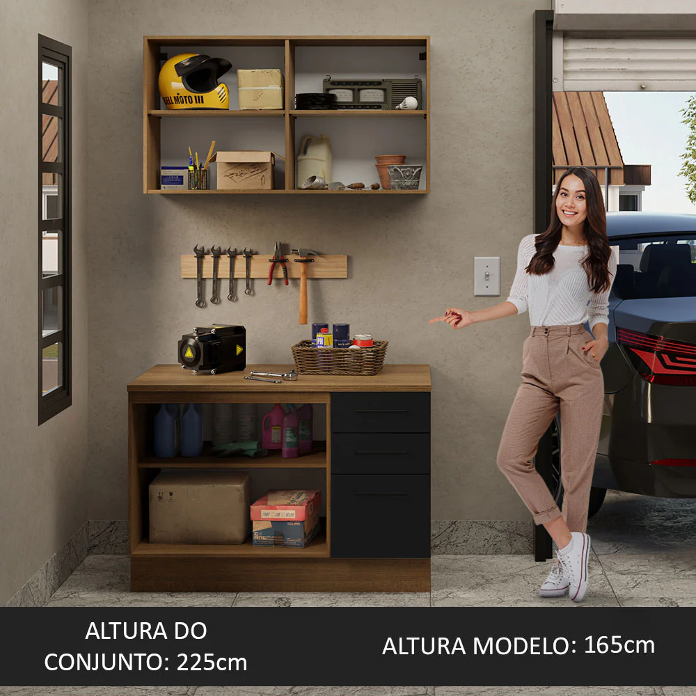 Kit com Balcão e Armário Aéreo Multiuso 120cm Rustic/Preto Agata Madesa - Image 4