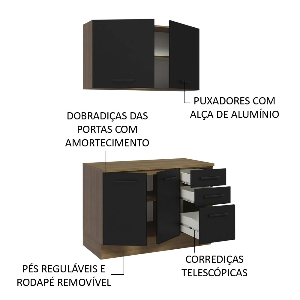 Kit com Balcão e Armário Aéreo Multiuso 120cm Rustic/Preto Agata Madesa - Image 5