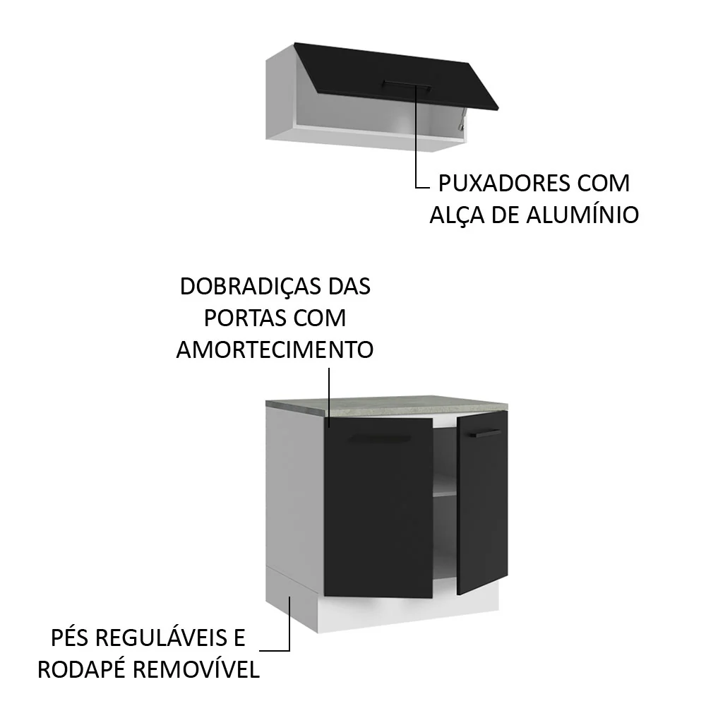 Kit com Balcão e Armário Aéreo Multiuso 80cm Branco/Preto Agata Madesa - Image 5