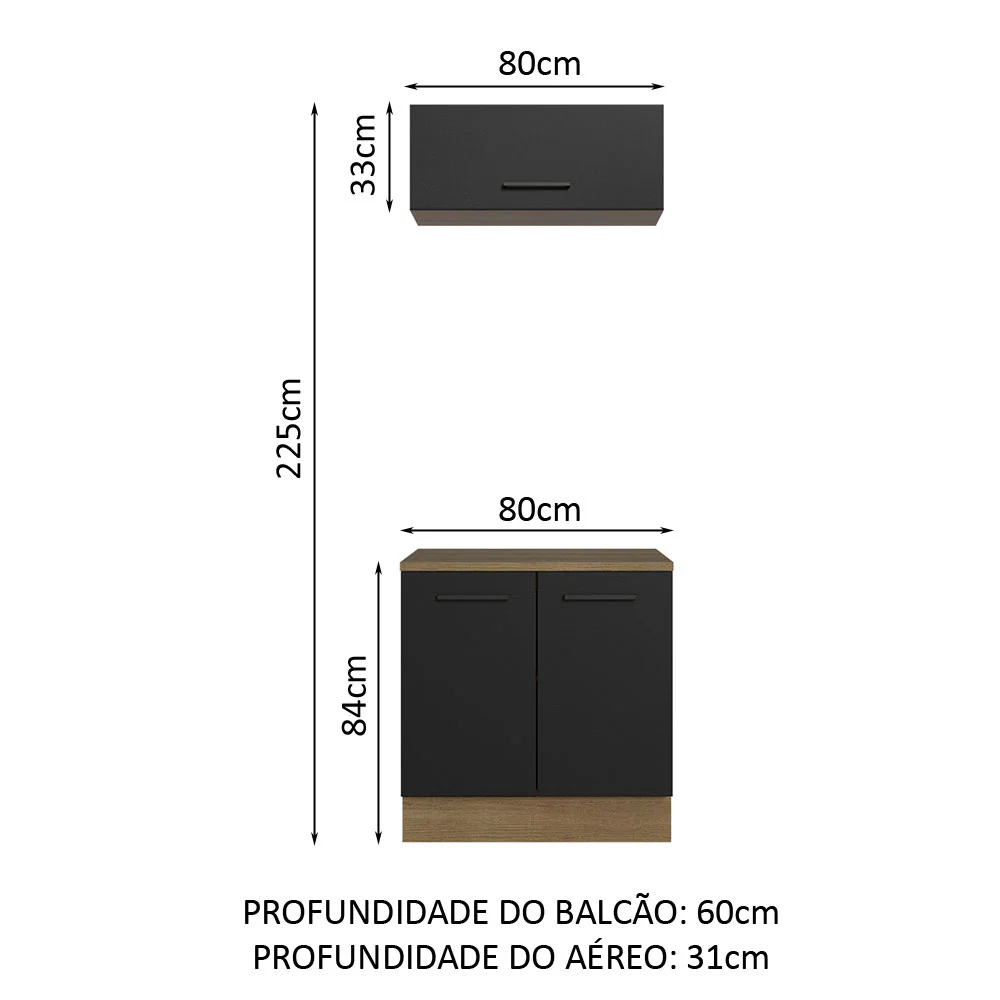Kit com Balcão e Armário Aéreo Multiuso 80cm Rustic/Preto Agata Madesa - Image 3