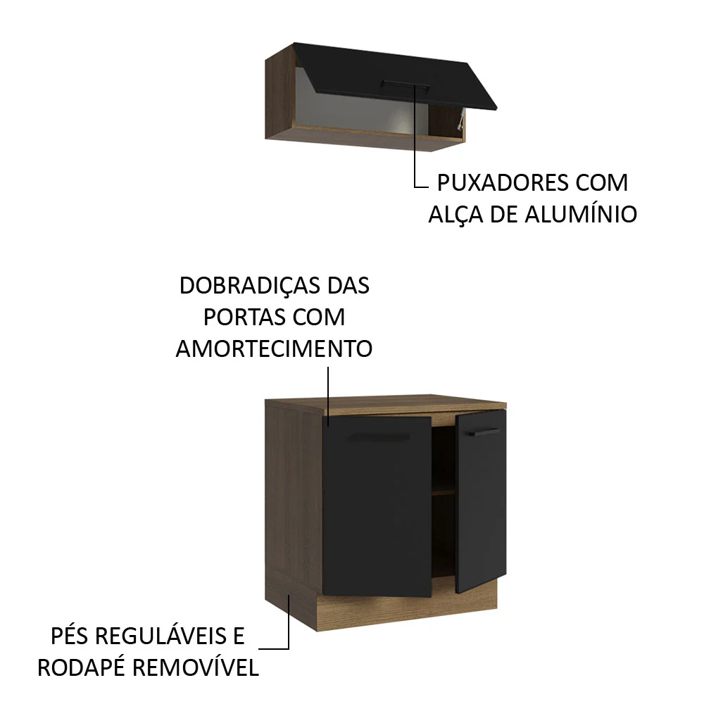 Kit com Balcão e Armário Aéreo Multiuso 80cm Rustic/Preto Agata Madesa - Image 5