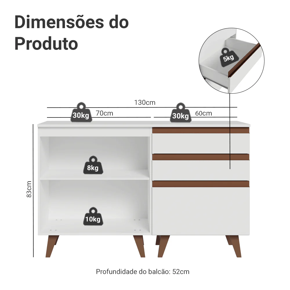 Kit com Dois Balcões de Cozinha 2 Portas 3 Gavetas (com tampo) Branco Reims Madesa - Image 3