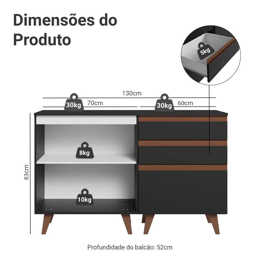 Kit com Dois Balcões de Cozinha 2 Portas 3 Gavetas (com tampo) Preto Reims Madesa - Image 3