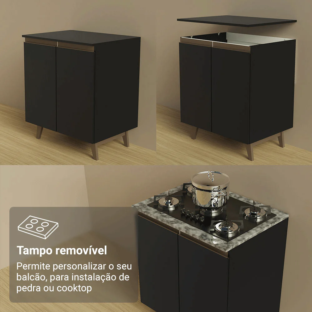 Kit com Dois Balcões de Cozinha 2 Portas 3 Gavetas (com tampo) Preto Reims Madesa - Image 6