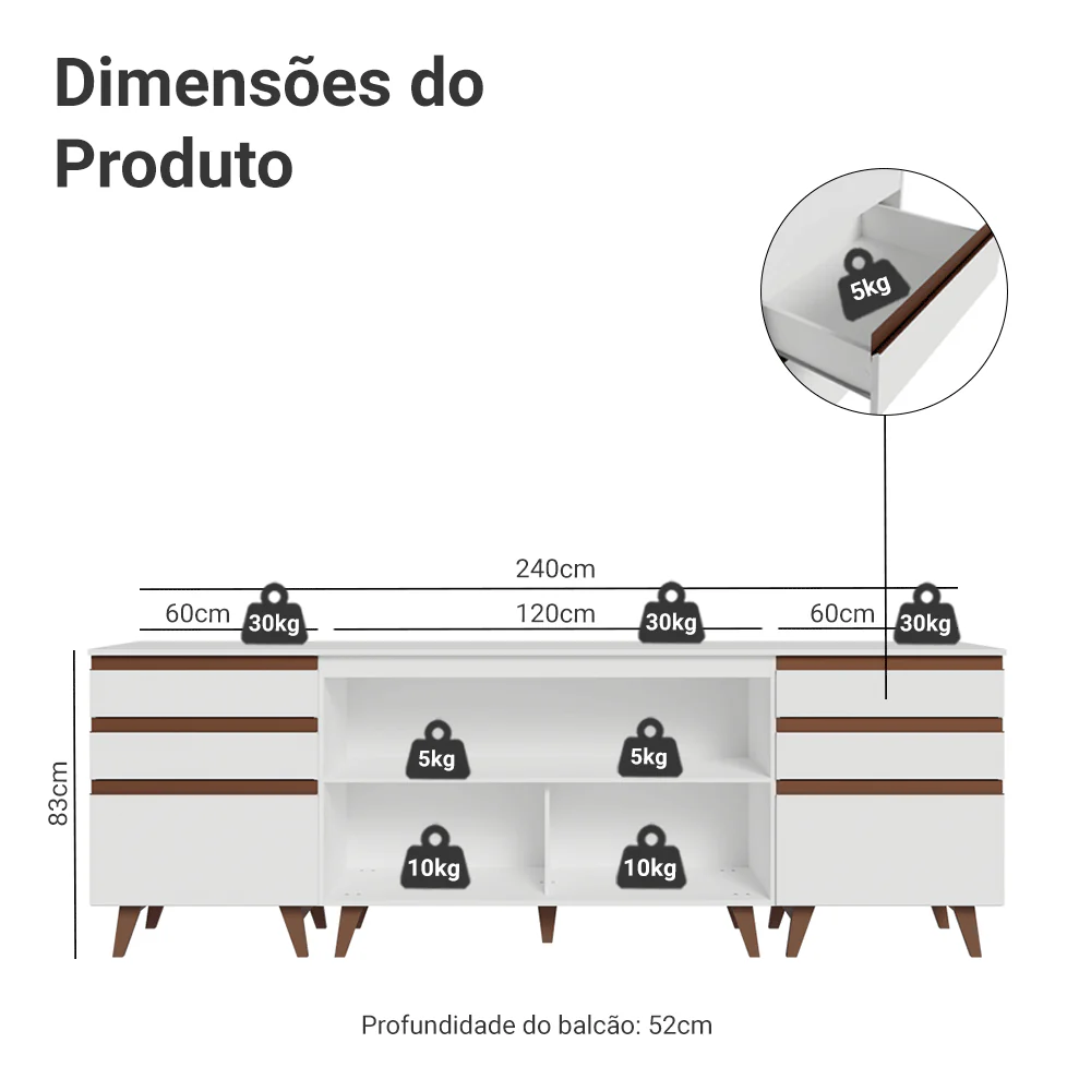 Kit com Três Balcões de Cozinha 2 Portas 6 Gavetas (com tampo) Branco Reims Madesa - Image 3