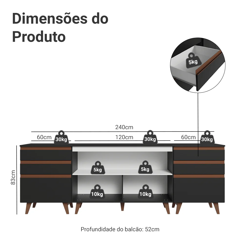 Kit com Três Balcões de Cozinha 2 Portas 6 Gavetas (com tampo) Preto Reims Madesa - Image 3