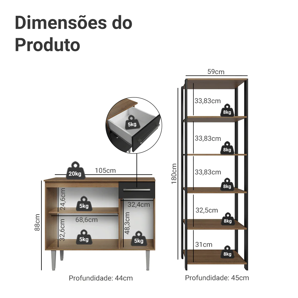 Kit Cozinha Balcão Gabinete 3 Portas 1 Gaveta e Armário Cozinha Despensa 5 Prateleiras Preto/Rustic - Image 3