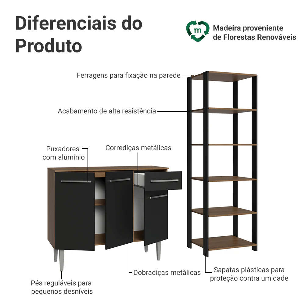 Kit Cozinha Balcão Gabinete 3 Portas 1 Gaveta e Armário Cozinha Despensa 5 Prateleiras Preto/Rustic - Image 4