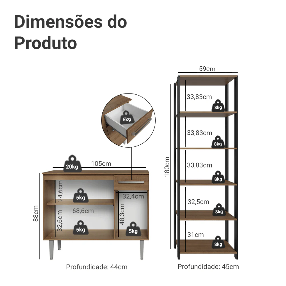 Kit Cozinha Balcão Gabinete 3 Portas 1 Gaveta e Armário Cozinha Despensa 5 Prateleiras Rustic/Preto - Image 3