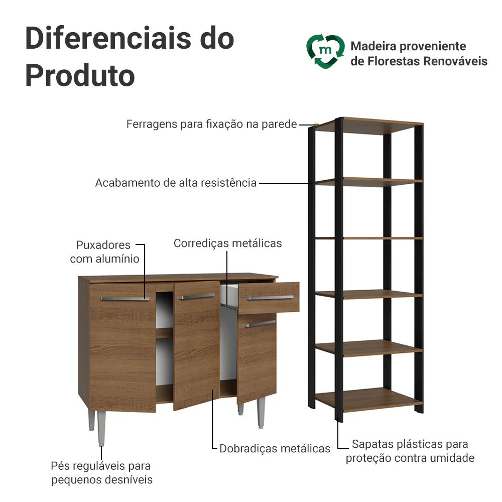 Kit Cozinha Balcão Gabinete 3 Portas 1 Gaveta e Armário Cozinha Despensa 5 Prateleiras Rustic/Preto - Image 4