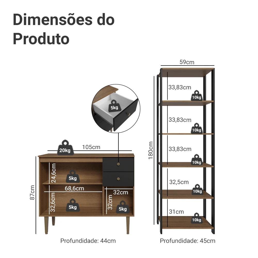 Kit Cozinha Balcão Gabinete 3 Portas 2 Gavetas e Armário Cozinha Despensa 5 Prateleiras Preto/Rustic - Image 3