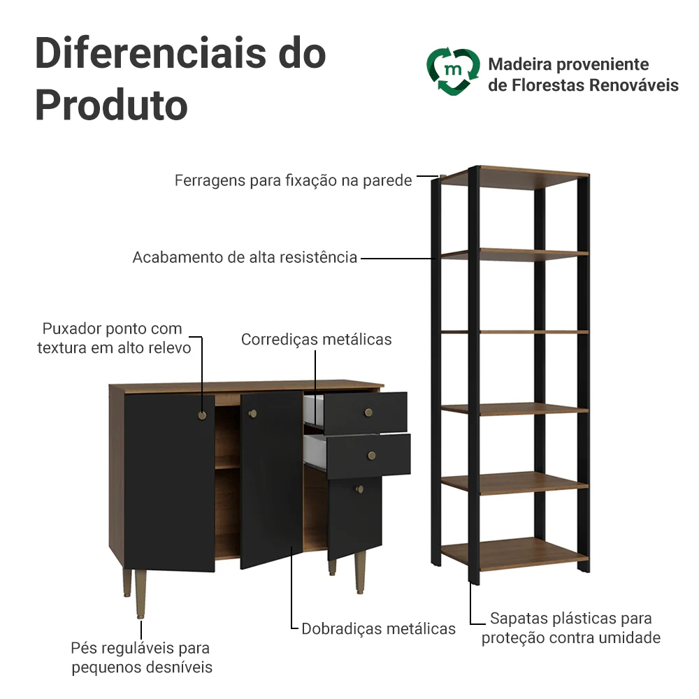 Kit Cozinha Balcão Gabinete 3 Portas 2 Gavetas e Armário Cozinha Despensa 5 Prateleiras Preto/Rustic - Image 4