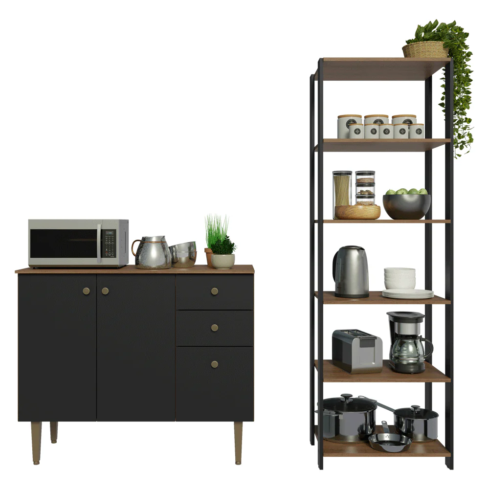 Kit Cozinha Balcão Gabinete 3 Portas 2 Gavetas e Armário Cozinha Despensa 5 Prateleiras Preto/Rustic - Image 5