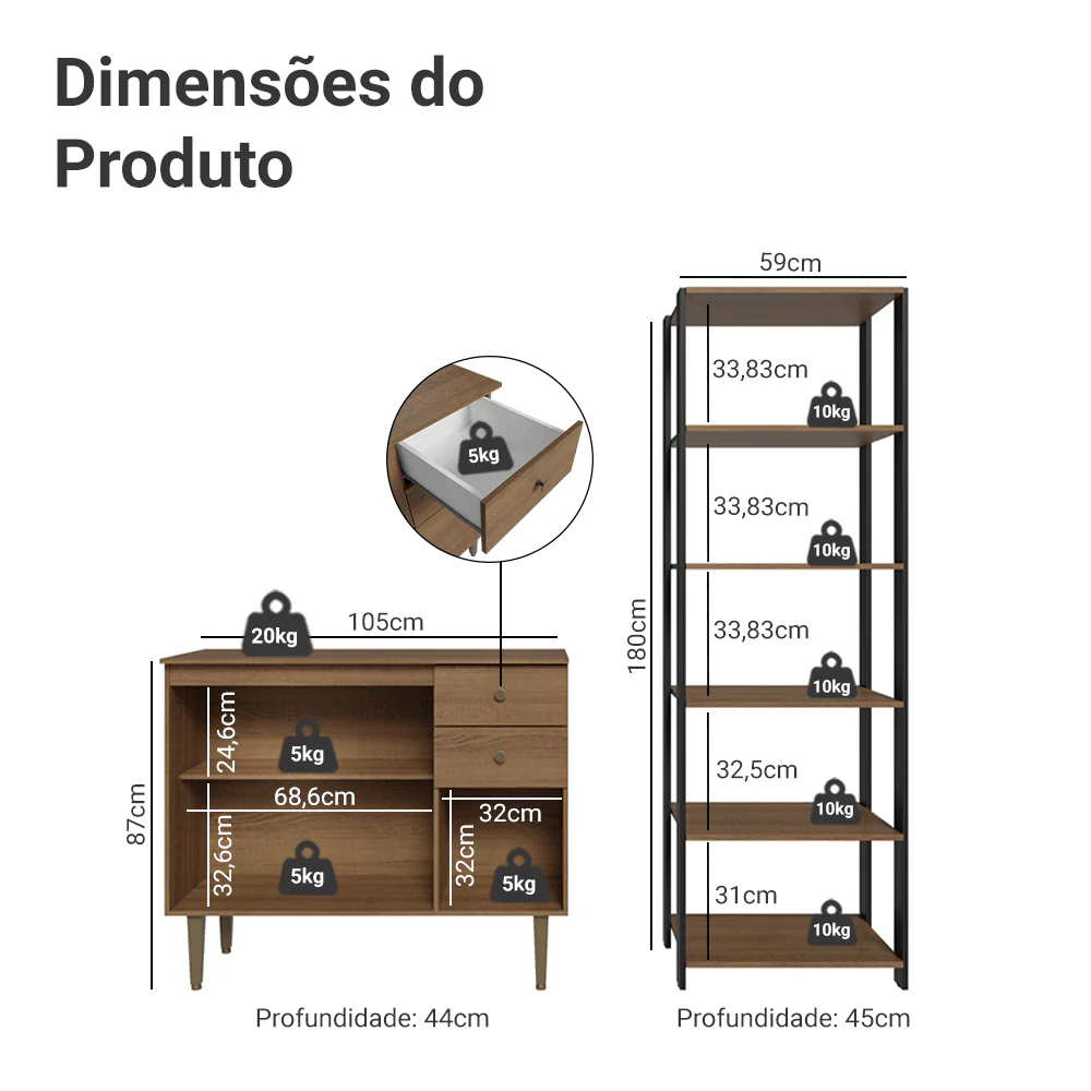 Kit Cozinha Balcão Gabinete 3 Portas 2 Gavetas e Armário Cozinha Despensa 5 Prateleiras Rustic/Preto - Image 3