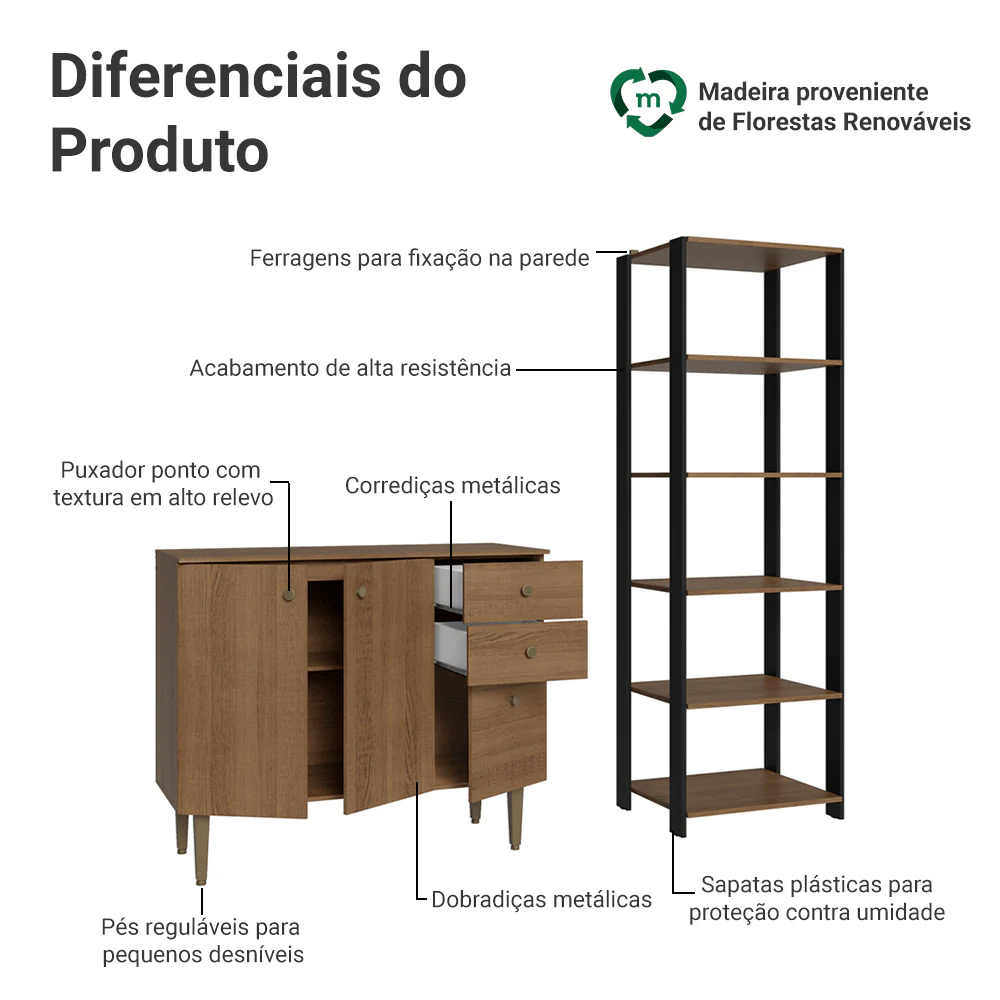Kit Cozinha Balcão Gabinete 3 Portas 2 Gavetas e Armário Cozinha Despensa 5 Prateleiras Rustic/Preto - Image 4