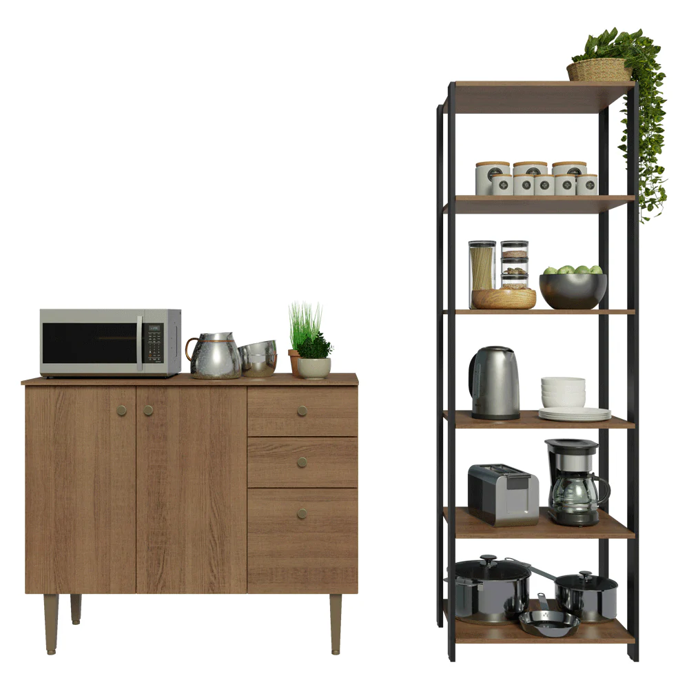 Kit Cozinha Balcão Gabinete 3 Portas 2 Gavetas e Armário Cozinha Despensa 5 Prateleiras Rustic/Preto - Image 5