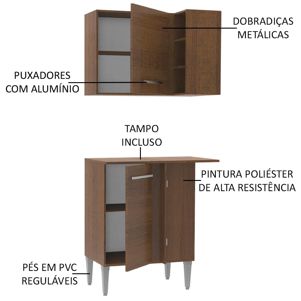 Kit de Canto Reto Madesa Emilly 2 Portas com Armário Aéreo, Adega e Balcão Rustic - Image 3