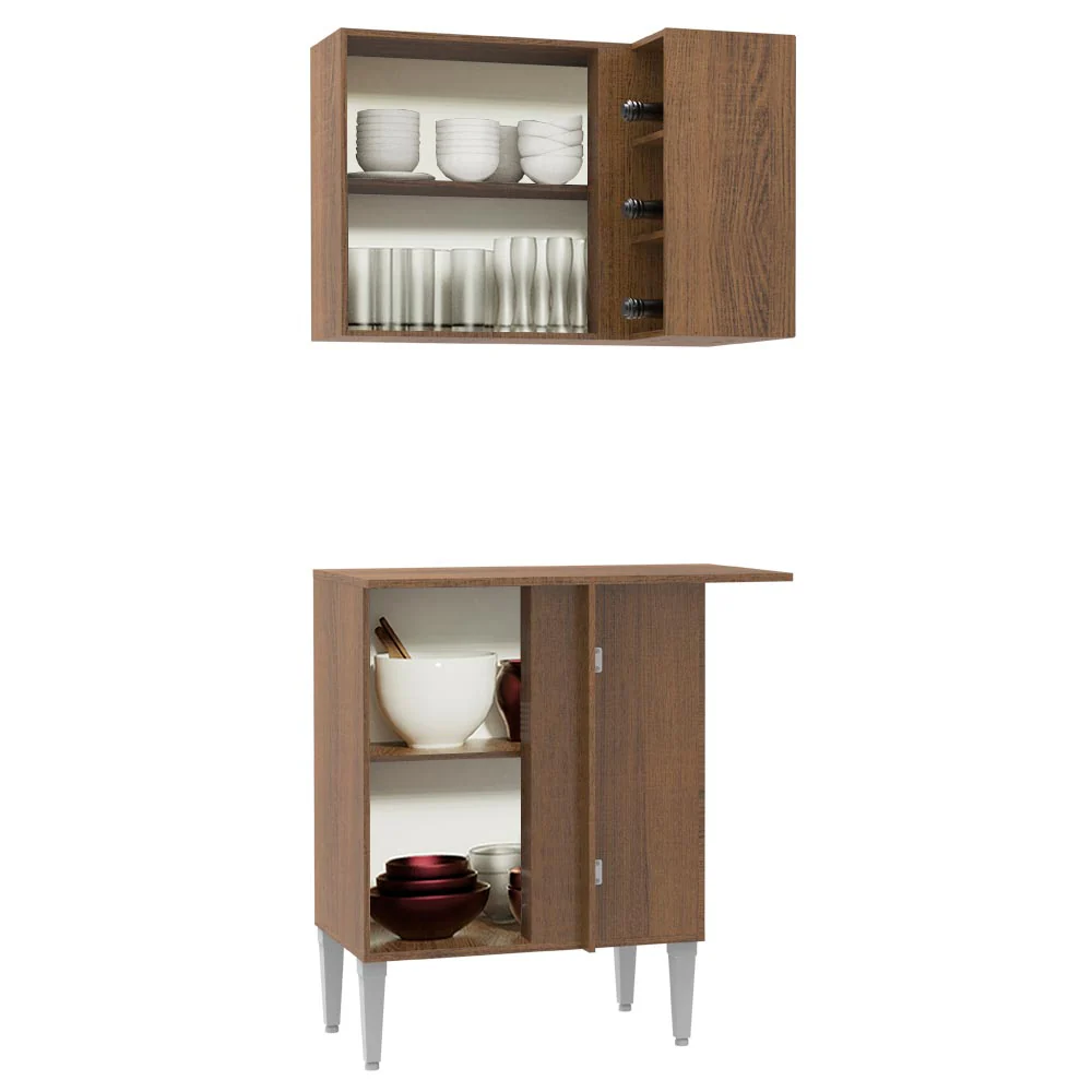 Kit de Canto Reto Madesa Emilly 2 Portas com Armário Aéreo, Adega e Balcão Rustic - Image 4
