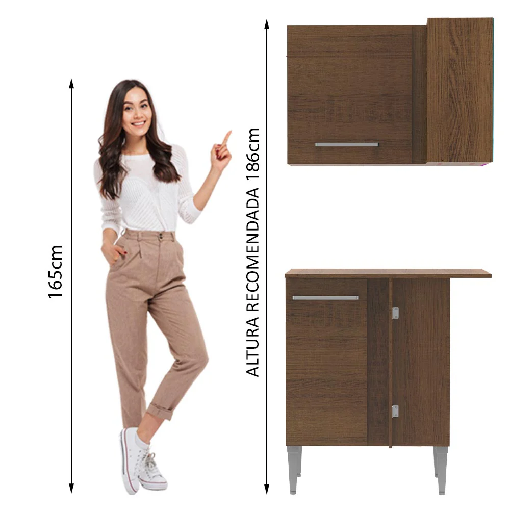 Kit de Canto Reto Madesa Emilly 2 Portas com Armário Aéreo, Adega e Balcão Rustic - Image 5