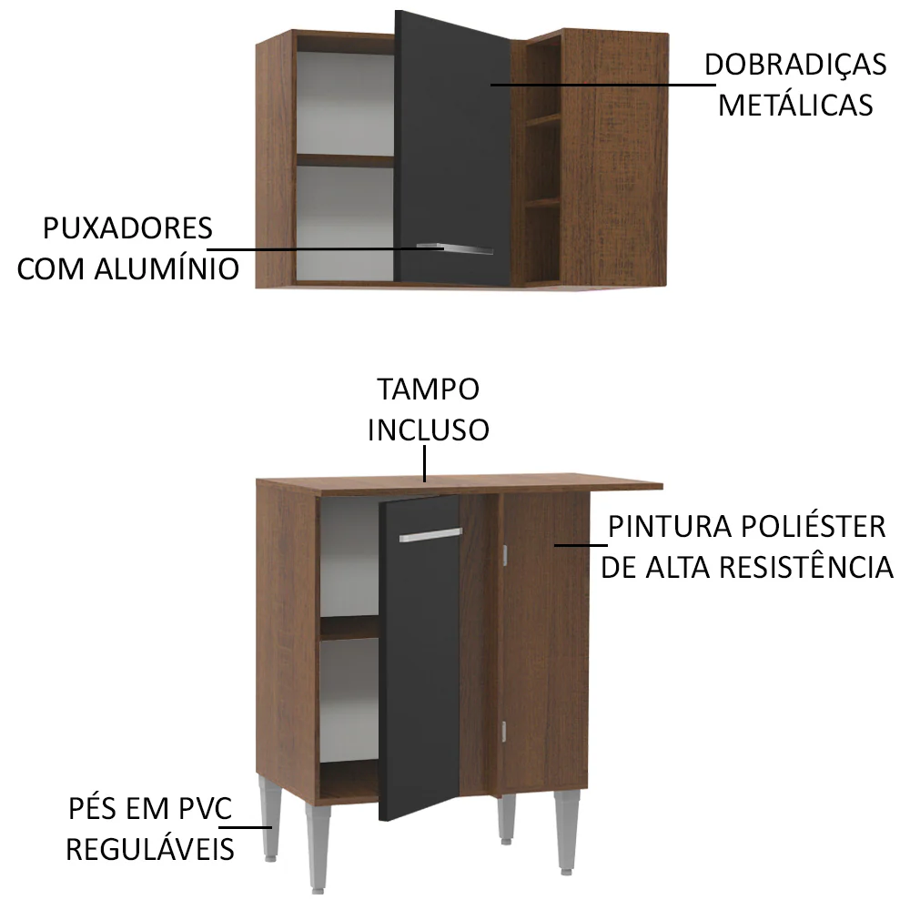 Kit de Canto Reto Madesa Emilly 2 Portas com Armário Aéreo, Adega e Balcão Rustic/Preto - Image 3