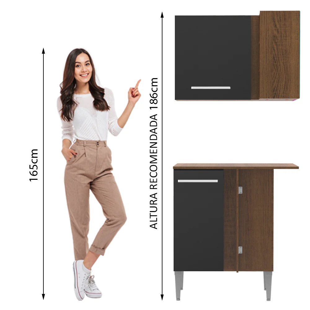 Kit de Canto Reto Madesa Emilly 2 Portas com Armário Aéreo, Adega e Balcão Rustic/Preto - Image 5