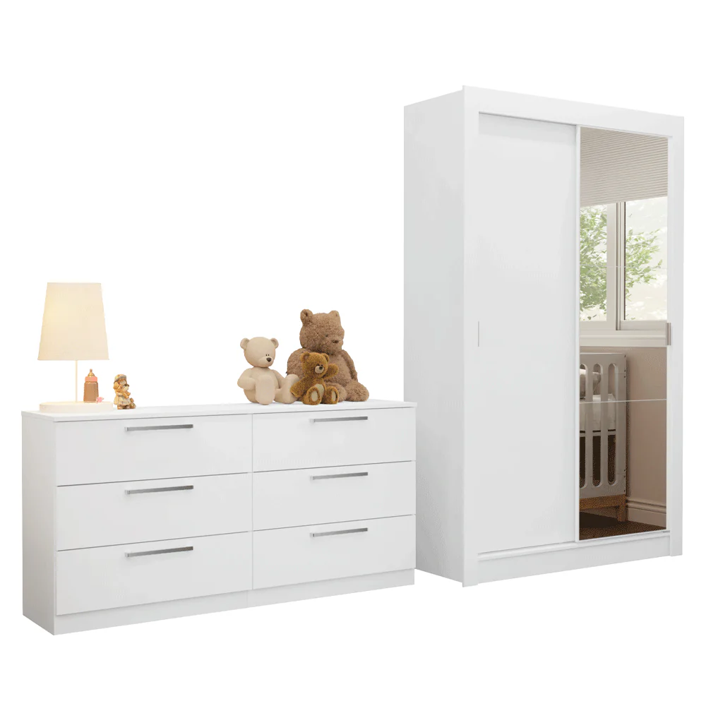 Conjunto Quarto Infantil com Guarda Roupa 2 Portas com Espelho e Cômoda Madesa - Image 2