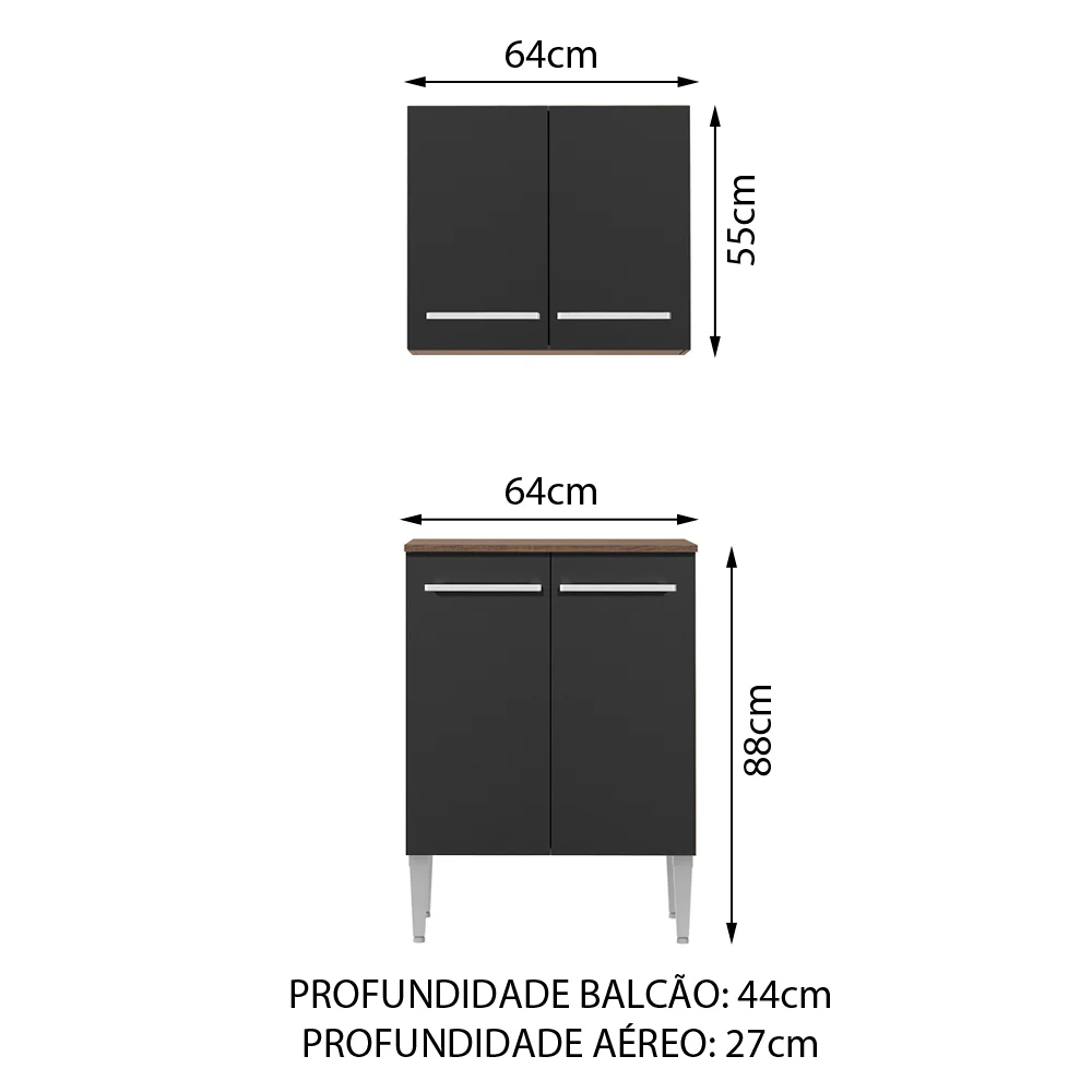 Kit com Armário Aéreo e Balcão 64cm Rustic/Preto Emilly Madesa - Image 2