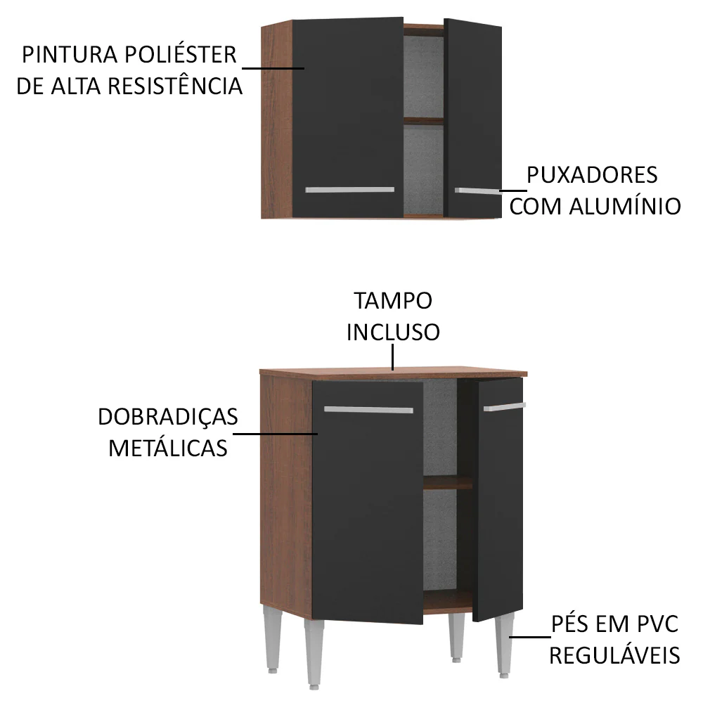 Kit com Armário Aéreo e Balcão 64cm Rustic/Preto Emilly Madesa - Image 3