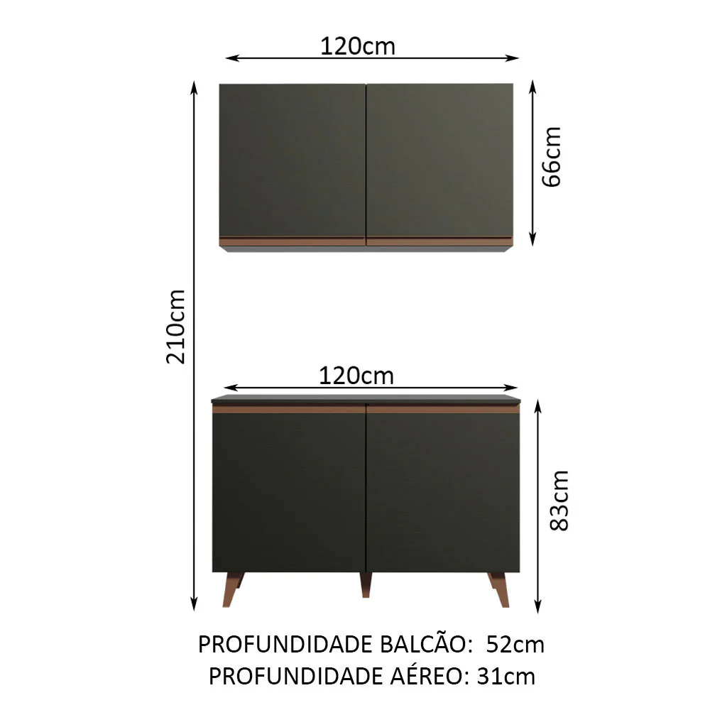 Kit Madesa Reims 120 cm com Armário Aéreo e Balcão Gabinete de Pia Preto - Image 2
