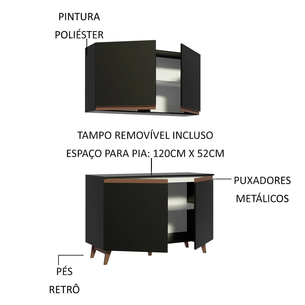 Kit Madesa Reims 120 cm com Armário Aéreo e Balcão Gabinete de Pia Preto - Image 3