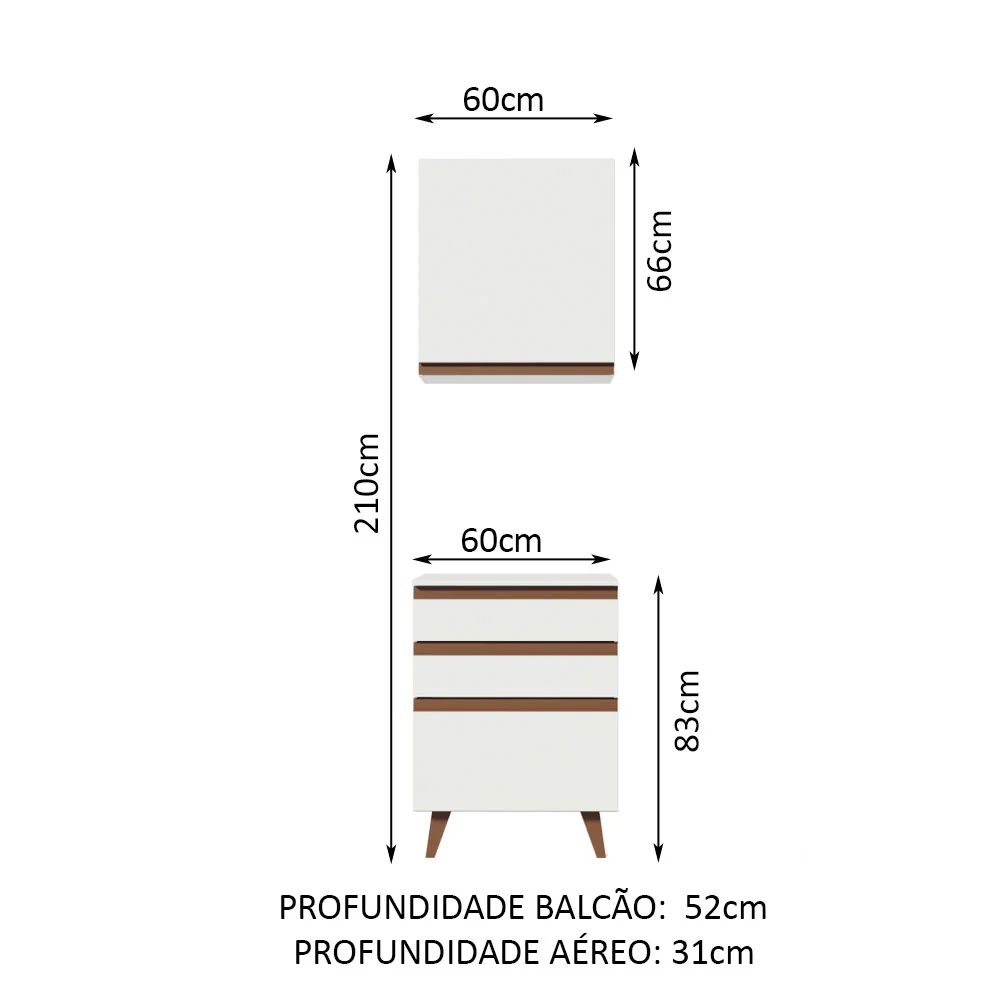 Kit Madesa Reims 60 cm com Armário Aéreo e Balcão com 3 Gavetas Branco - Image 2