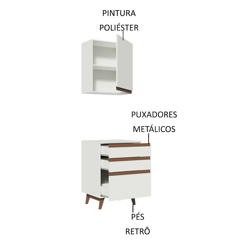Kit Madesa Reims 60 cm com Armário Aéreo e Balcão com 3 Gavetas Branco - Image 3