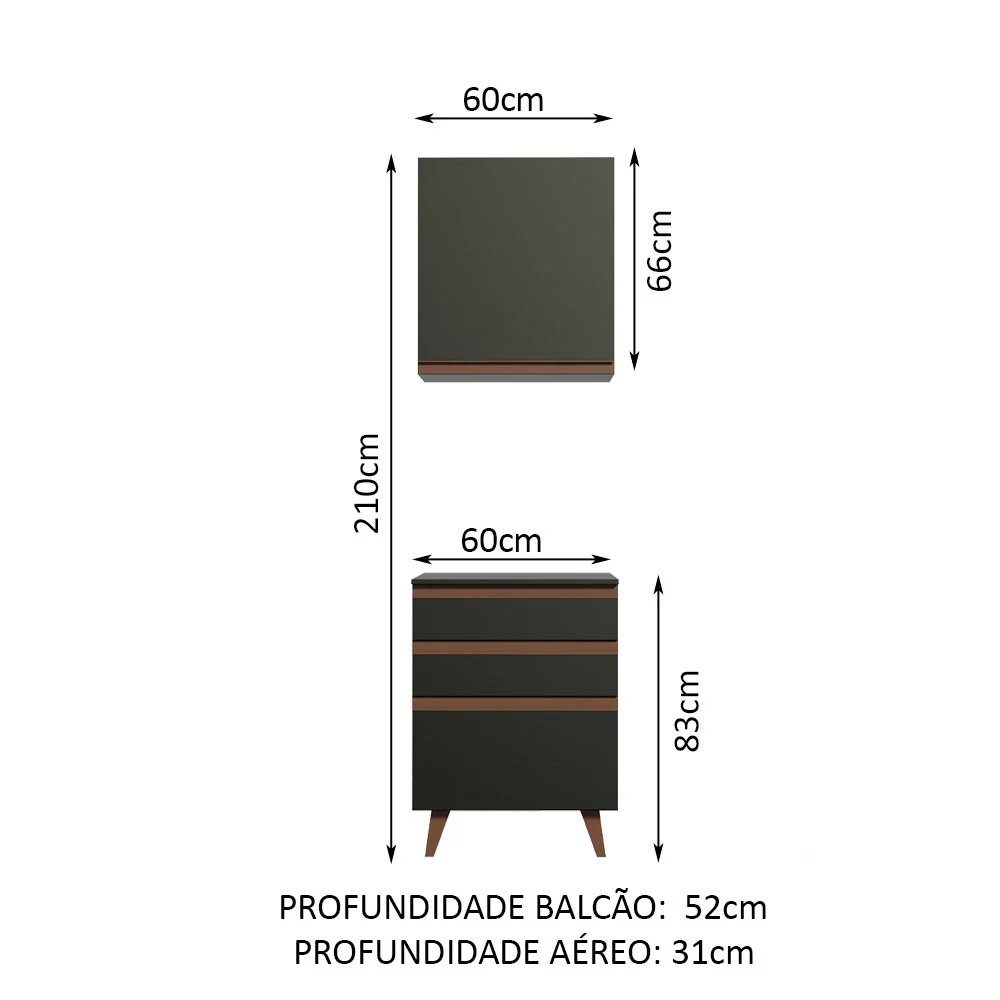 Kit Madesa Reims 60 cm com Armário Aéreo e Balcão com 3 Gavetas Preto - Image 2