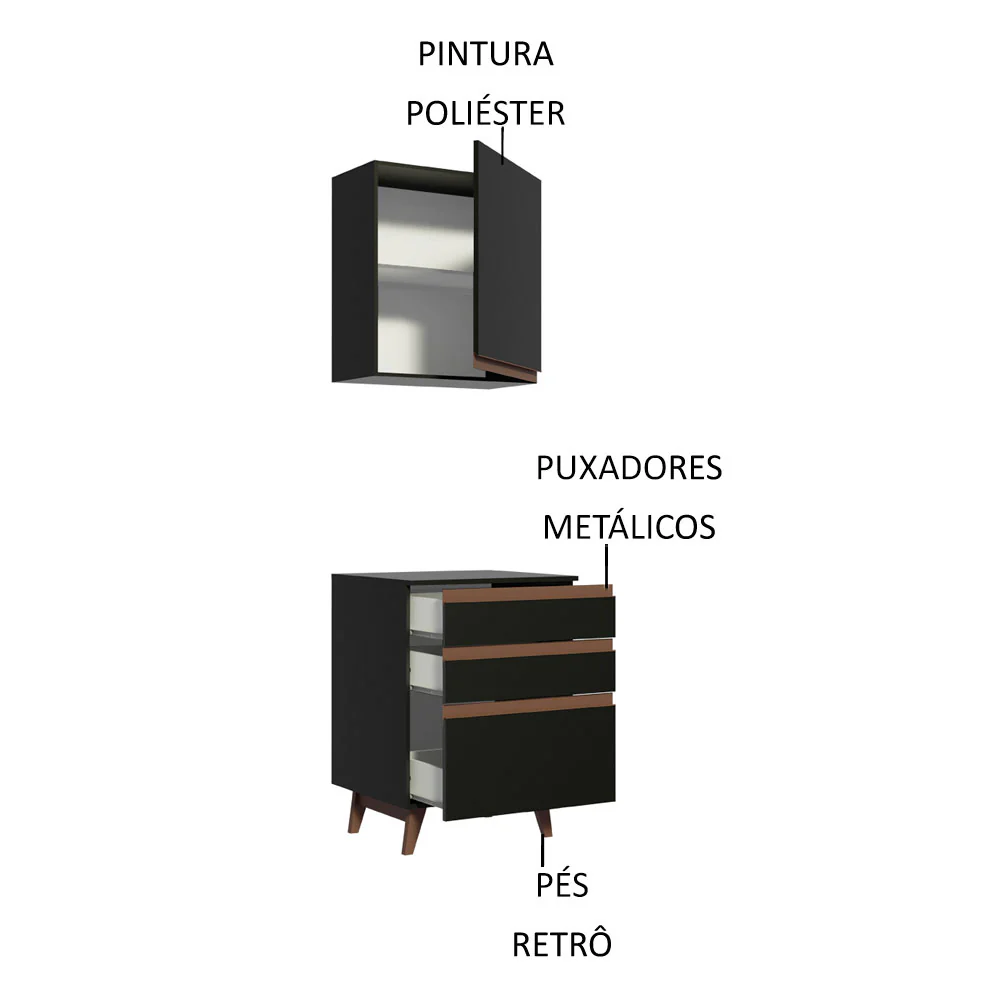 Kit Madesa Reims 60 cm com Armário Aéreo e Balcão com 3 Gavetas Preto - Image 3