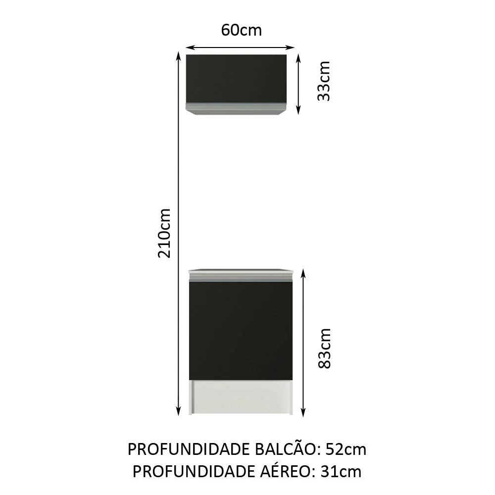 Kit Madesa Topazio 60 cm 2 Portas com Armário Aéreo e Balcão Branco/Preto - Image 3