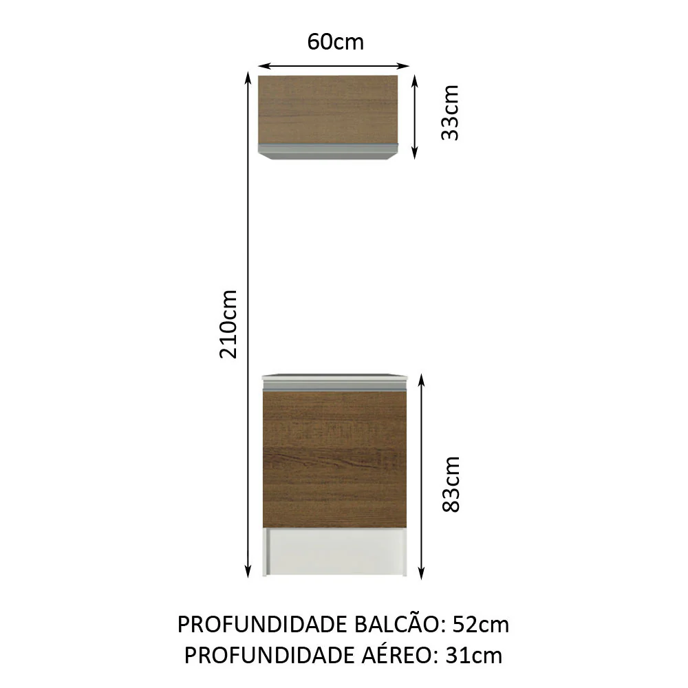 Kit Madesa Topazio 60 cm 2 Portas com Armário Aéreo e Balcão Branco/Rustic - Image 3