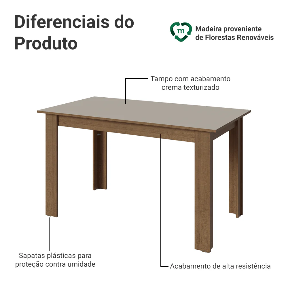 Mesa de Jantar Retangular Tampo de Madeira Rustic/Crema 5231 Madesa - Image 3