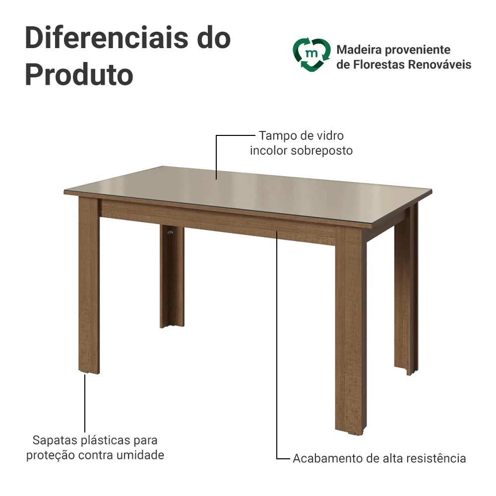 Mesa de Jantar Retangular Tampo de Vidro Rustic/Crema 5231 Madesa - Image 3