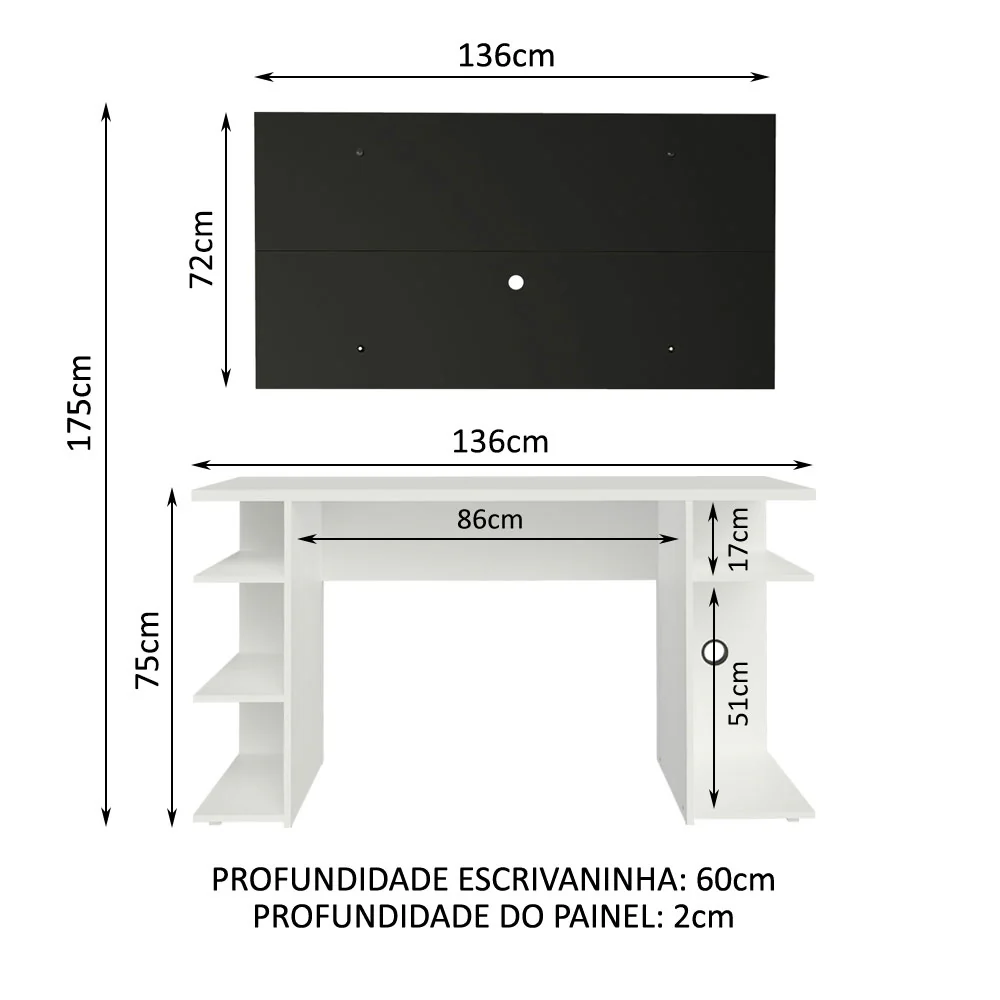 Mesa para Computador Gamer Madesa 9409 e Painel para TV até 50 Polegadas Branco/Preto - Image 3