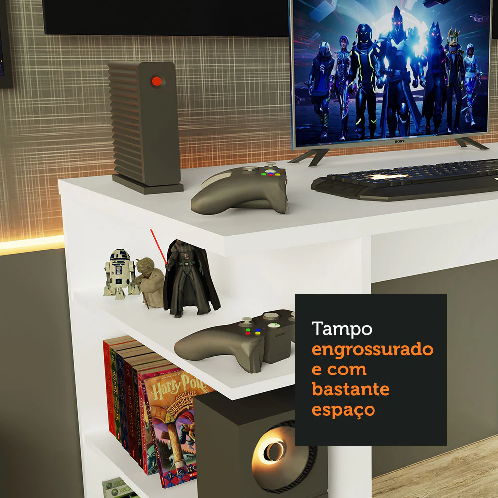 Mesa para Computador Gamer Madesa 9409 e Painel para TV até 50 Polegadas Branco/Preto - Image 6