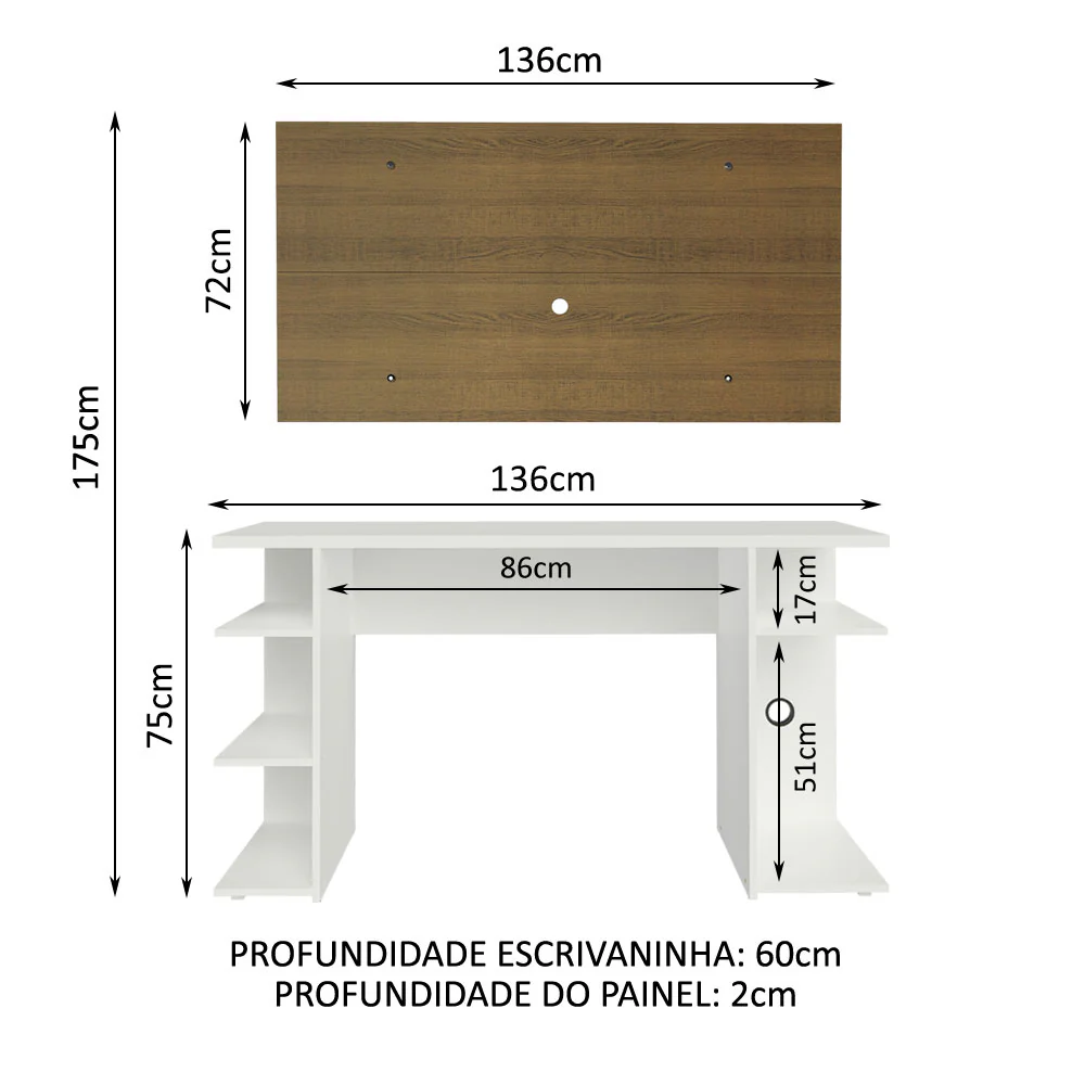 Mesa para Computador Gamer Madesa 9409 e Painel para TV até 50 Polegadas Branco/Rustic - Image 3